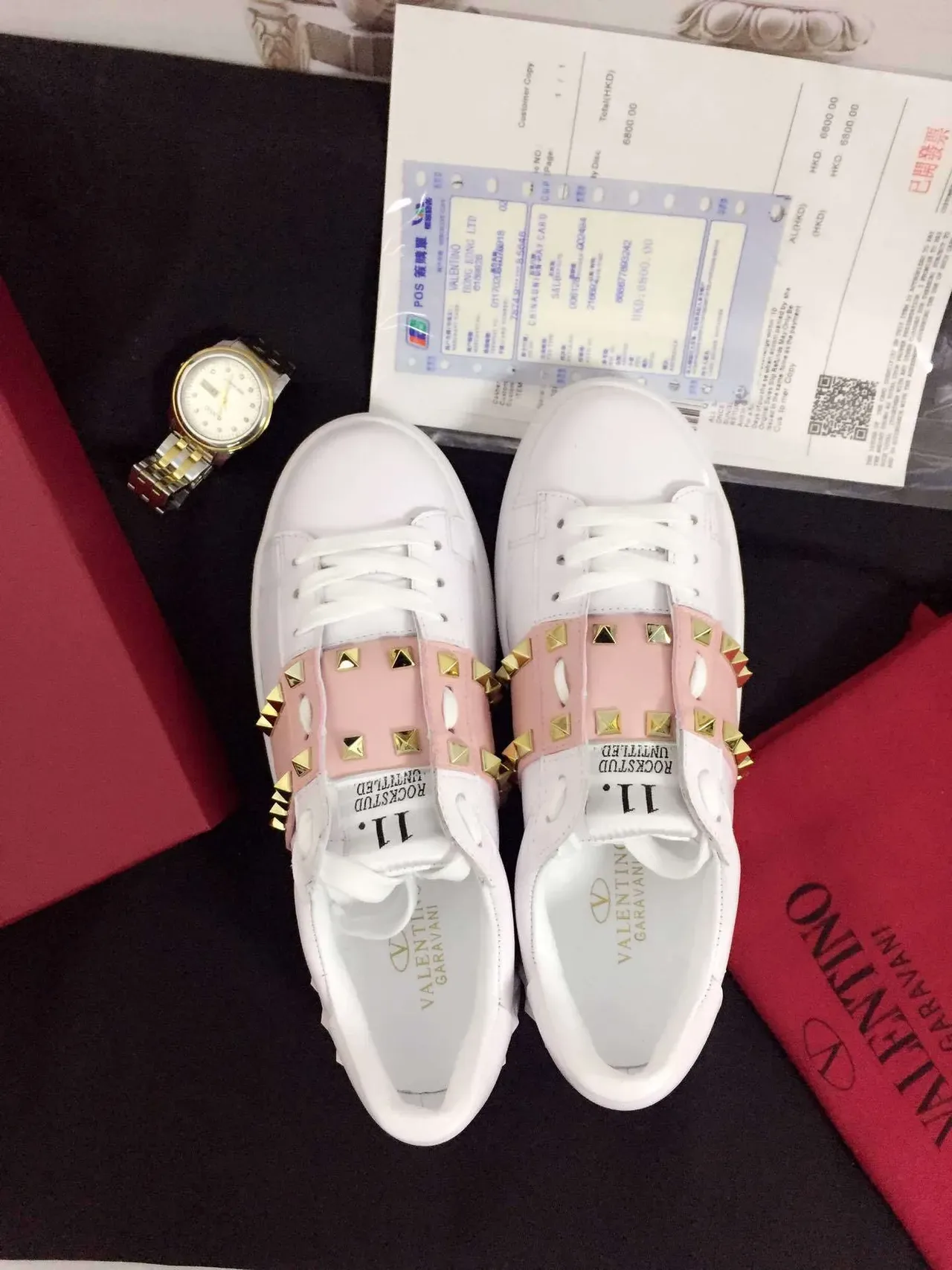 Valentino Rockstud Untitled White and Pink Stud Strap Lifestyle Sneakers 5