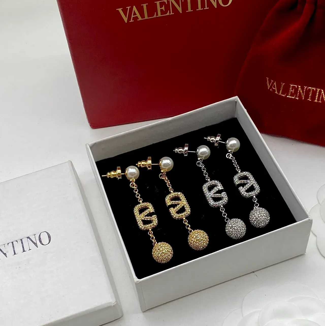 Valentino VLTN Pearl and Pavé Sphere Drop Earrings 7