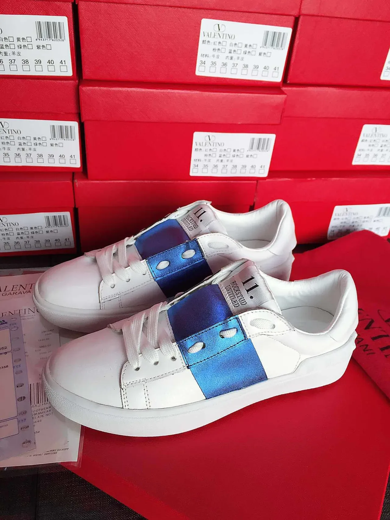 Valentino White Blue Leather Satin Strap Lifestyle Sneakers 2