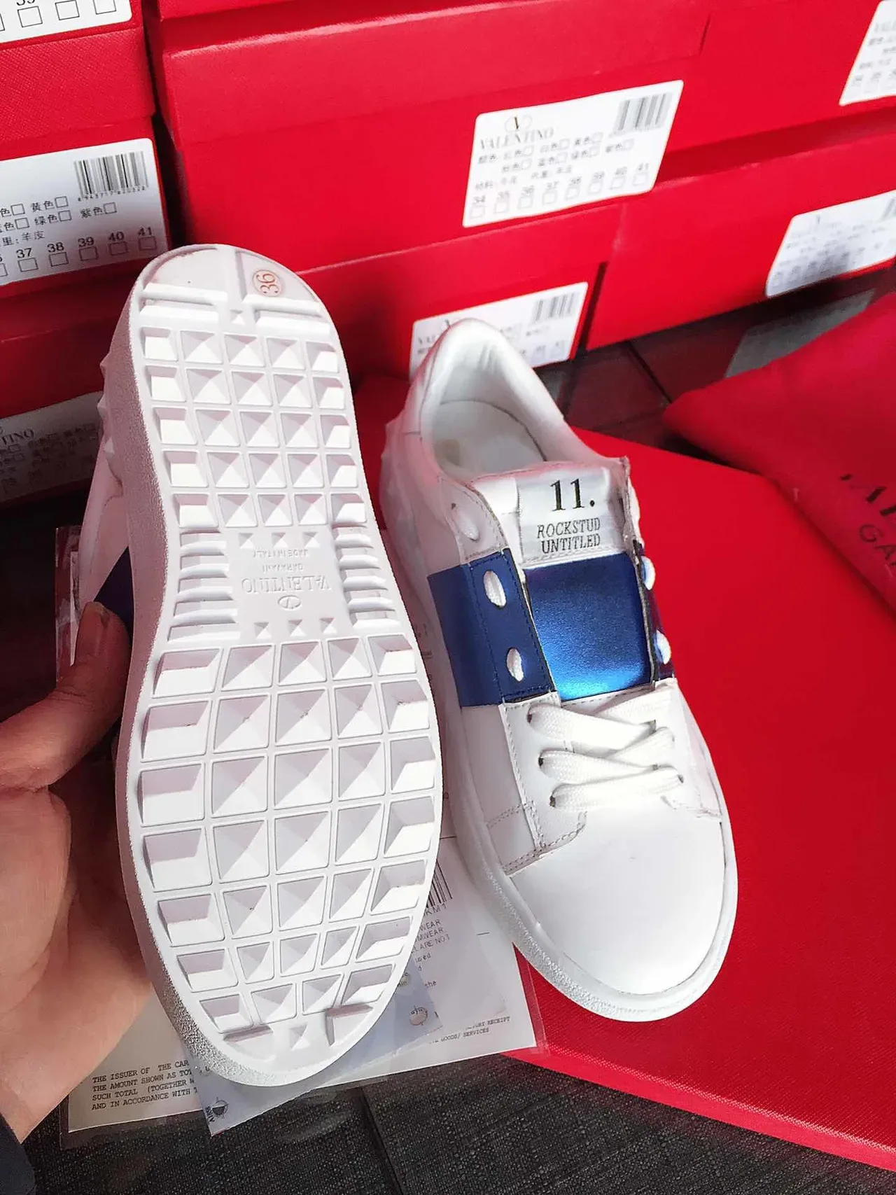 Valentino White Blue Leather Satin Strap Lifestyle Sneakers 3