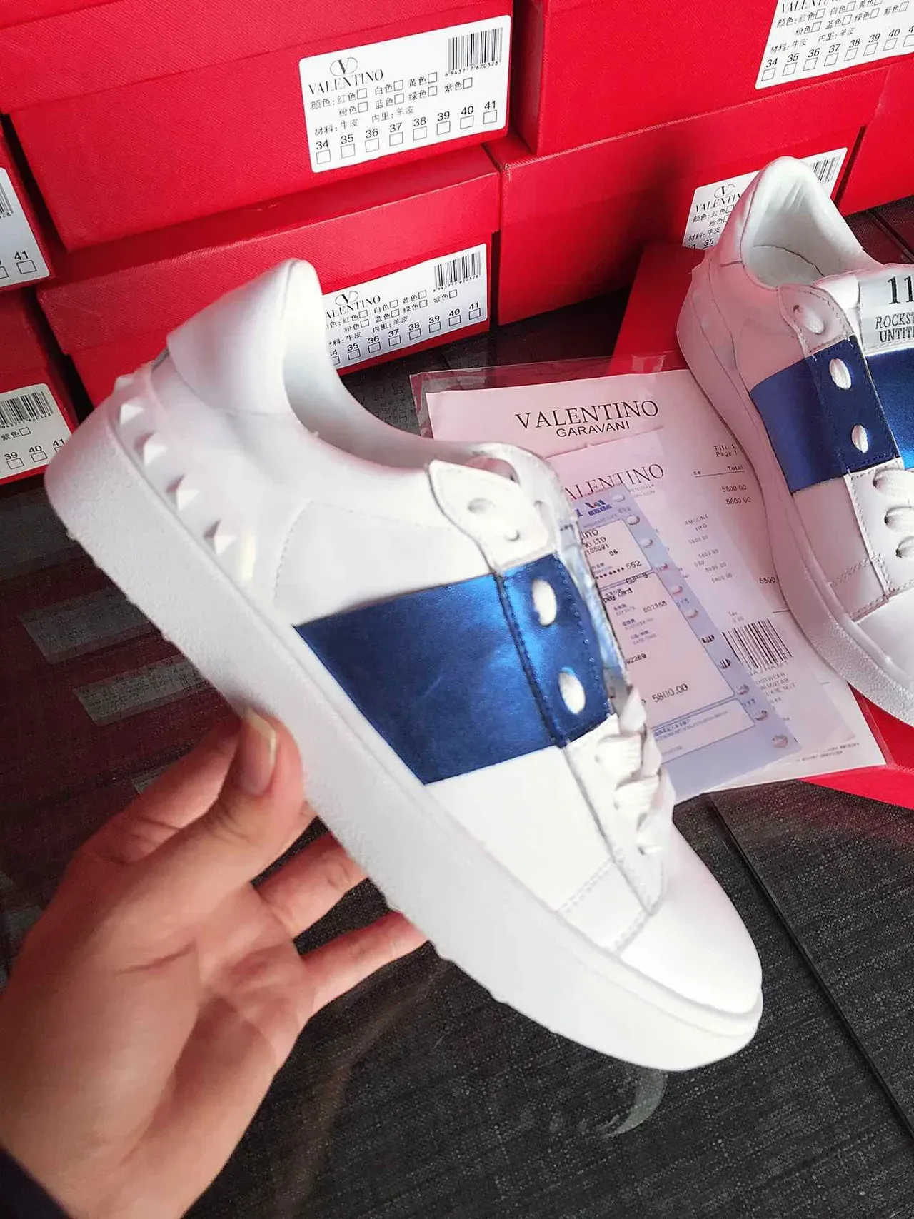 Valentino White Blue Leather Satin Strap Lifestyle Sneakers 4