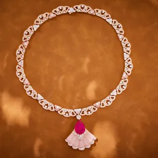 Van Cleef & Arpels 粉金 扇形 镂空格子 吊坠 项链