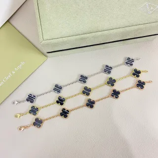 Van Cleef & Arpels 阿拉巴马 黑金 四叶草 魅力 条纹珐琅 手链