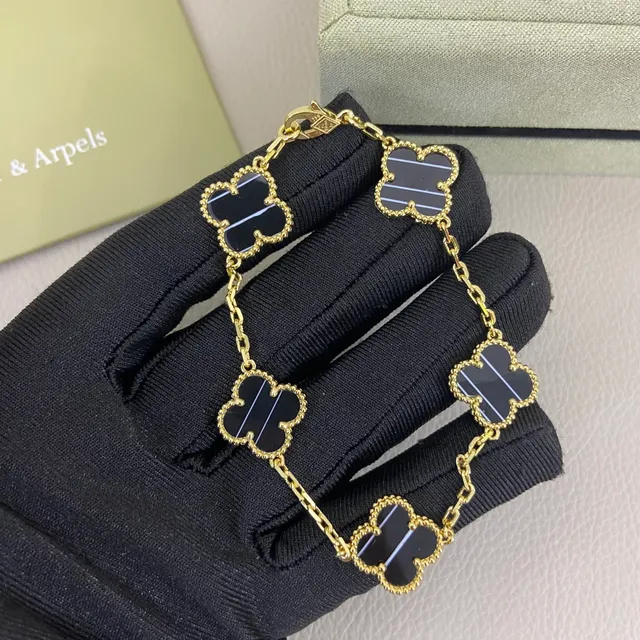 Van Cleef & Arpels 阿拉巴马 黑金 四叶草 魅力 条纹珐琅 手链 4