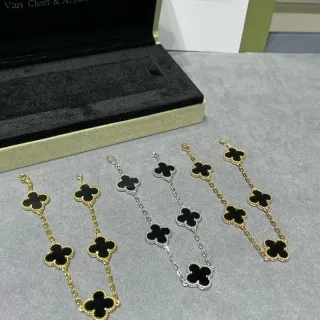 Van Cleef & Arpels Alhambra Five Motif Black Enamel Gold and Silver Bracelet