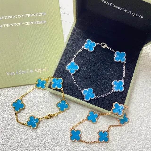Van Cleef & Arpels Alhambra Five Motif Blue Chalcedony Gold Bracelet 4