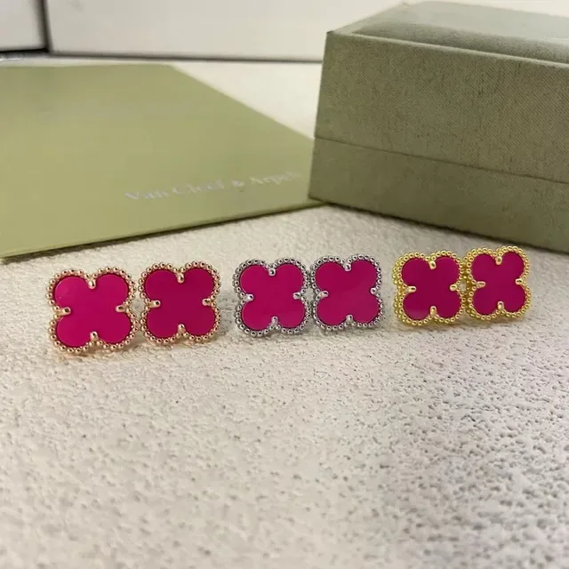Van Cleef & Arpels Alhambra Fuchsia Enamel Clover Stud Earrings 2