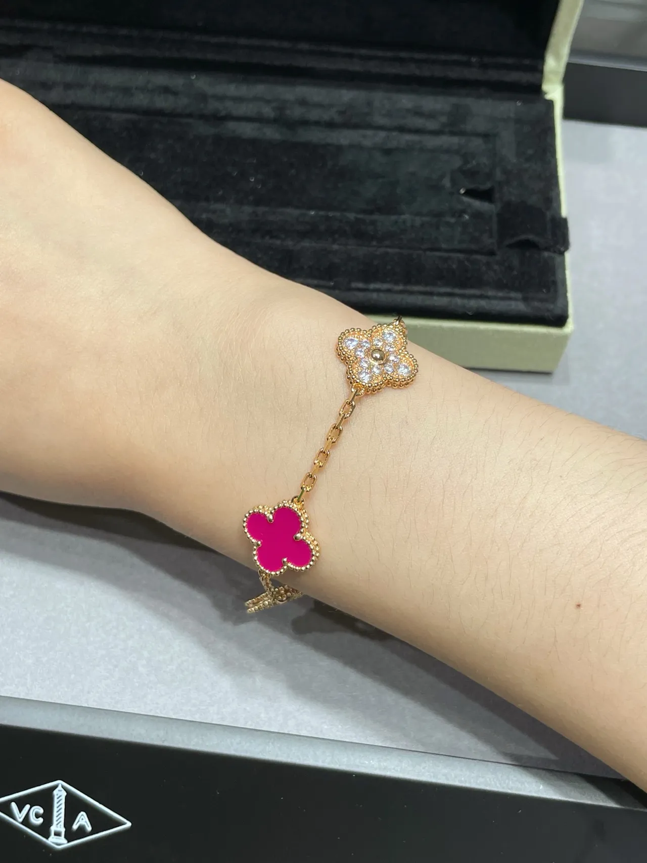 Van Cleef & Arpels Alhambra Pink Enamel and Diamond Bracelet 3