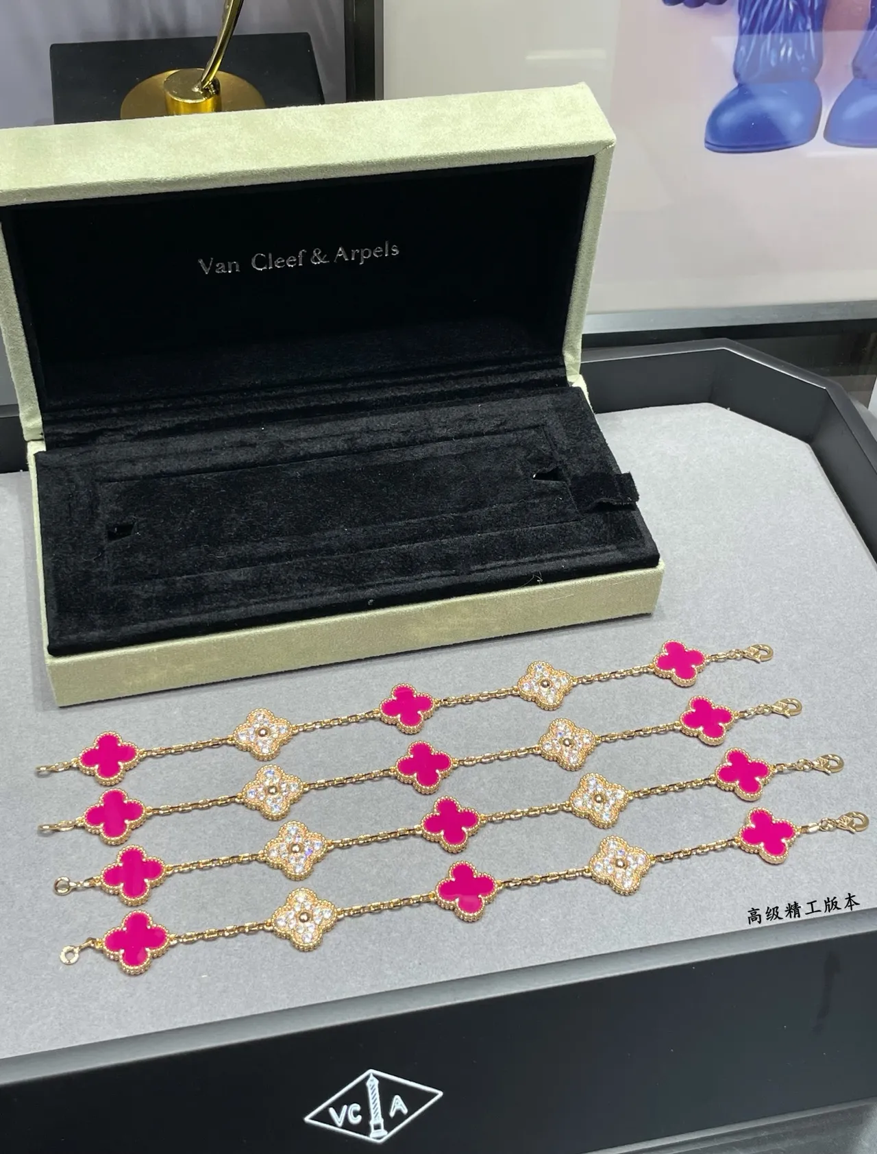 Van Cleef & Arpels Alhambra Pink Enamel and Diamond Bracelet 8