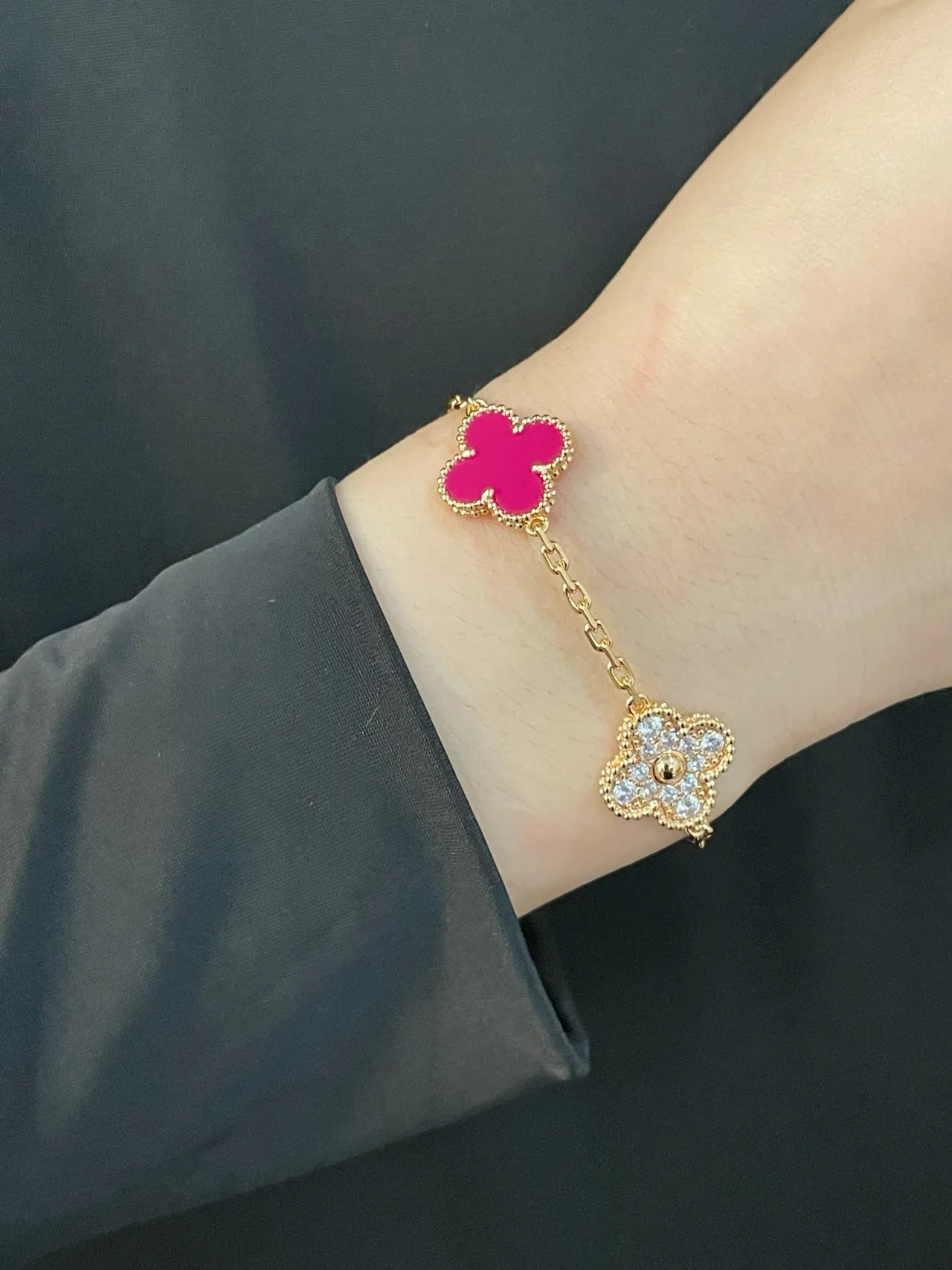 Van Cleef & Arpels Alhambra Pink Enamel and Diamond Bracelet 9