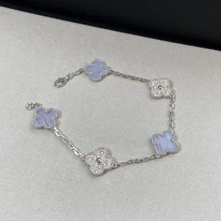 Van Cleef & Arpels Alhambra Silver Purple Four-Leaf Clover Motifs Beaded Edge Detailing Bracelet