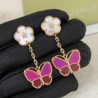 Van Cleef & Arpels Alhambra x Papillon White Mother-of-Pearl and Magenta Enamel Butterfly Earrings
