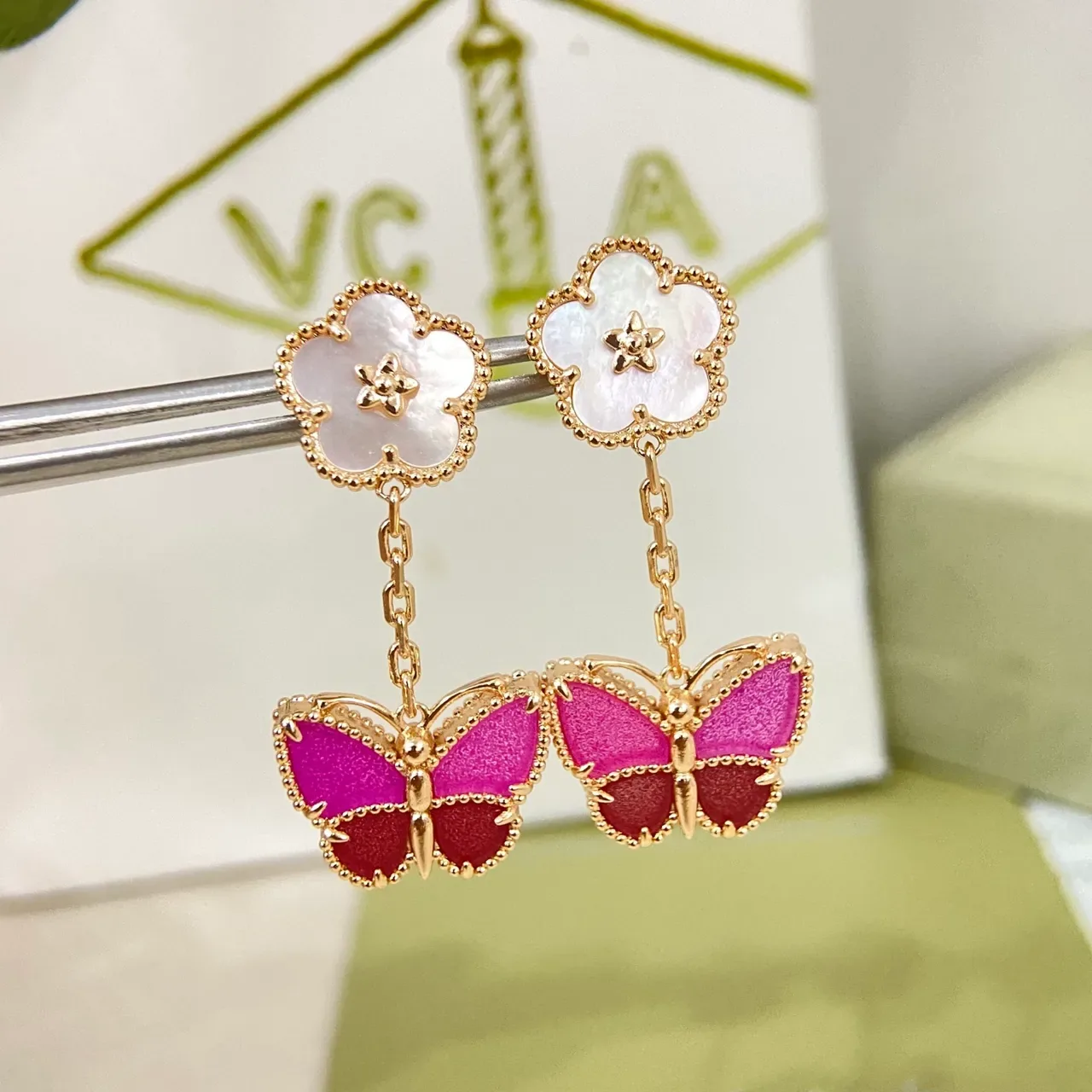 Van Cleef & Arpels Alhambra x Papillon White Mother-of-Pearl and Magenta Enamel Butterfly Earrings 2