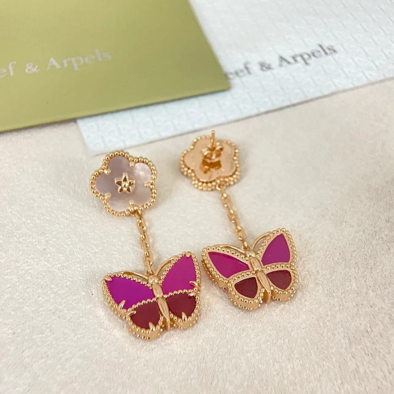 Van Cleef & Arpels Alhambra x Papillon White Mother-of-Pearl and Magenta Enamel Butterfly Earrings 3