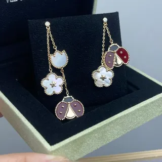 Van Cleef & Arpels Gold-Tone Mother-of-Pearl and Enamel Ladybug Clover Drop Earrings