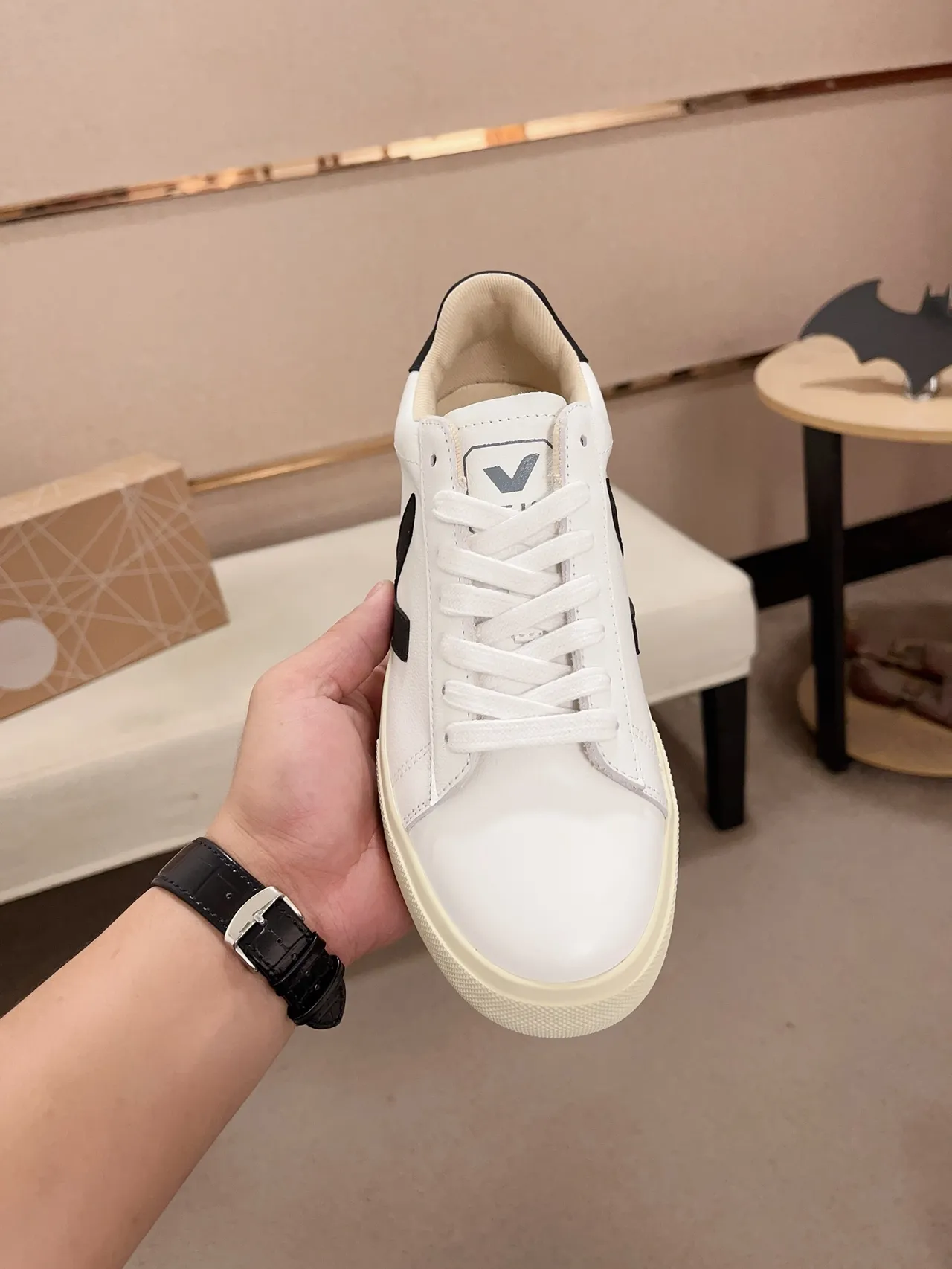 VEJA Branco Preto Low-Top Couro Superior Lifestyle Sneakers 5