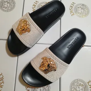 Versace 黑色米色 美杜莎头 贴花 希腊钥匙边 拖鞋