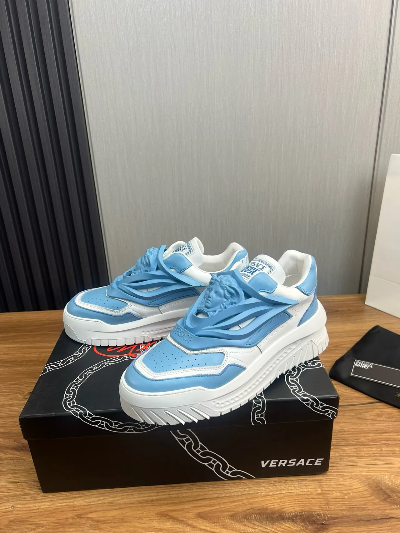 Versace Chain Reaction Light Blue and White Chunky Sneakers 3