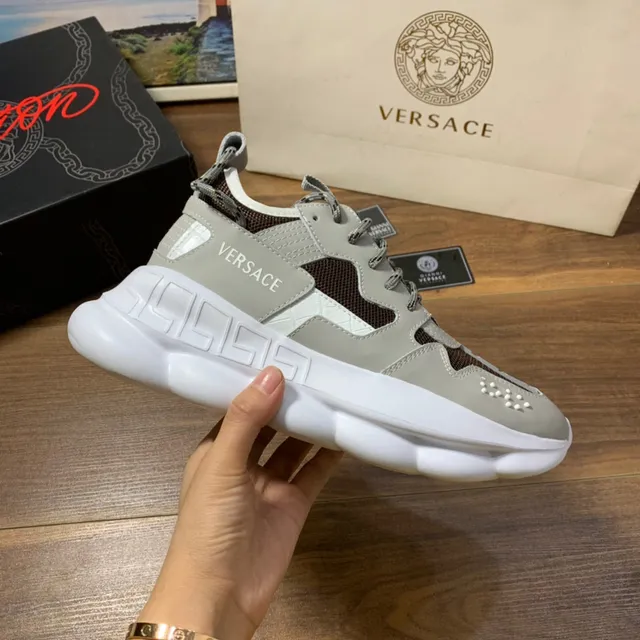 Versace Odissea Bege Marrom Sola Esculturada Padrão de Chave Greca Sobreposição Tênis Chunky 4