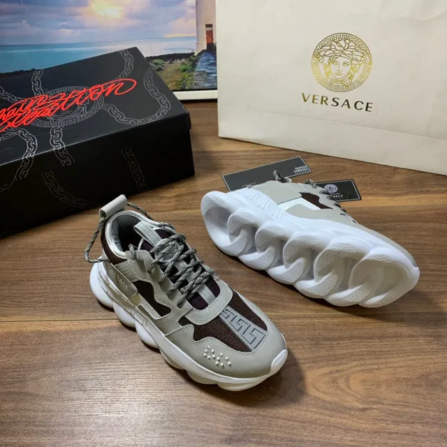 Versace Odissea Bege Marrom Sola Esculturada Padrão de Chave Greca Sobreposição Tênis Chunky 7