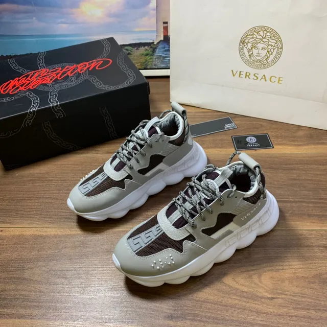 Versace Odissea Bege Marrom Sola Esculturada Padrão de Chave Greca Sobreposição Tênis Chunky 8