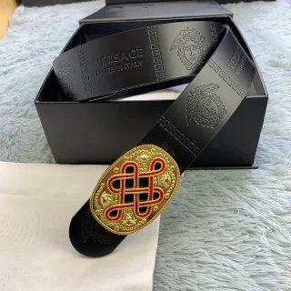 Versace Odissea Black Gold Matte Strap Embossed Medusa Heads Leather Belt