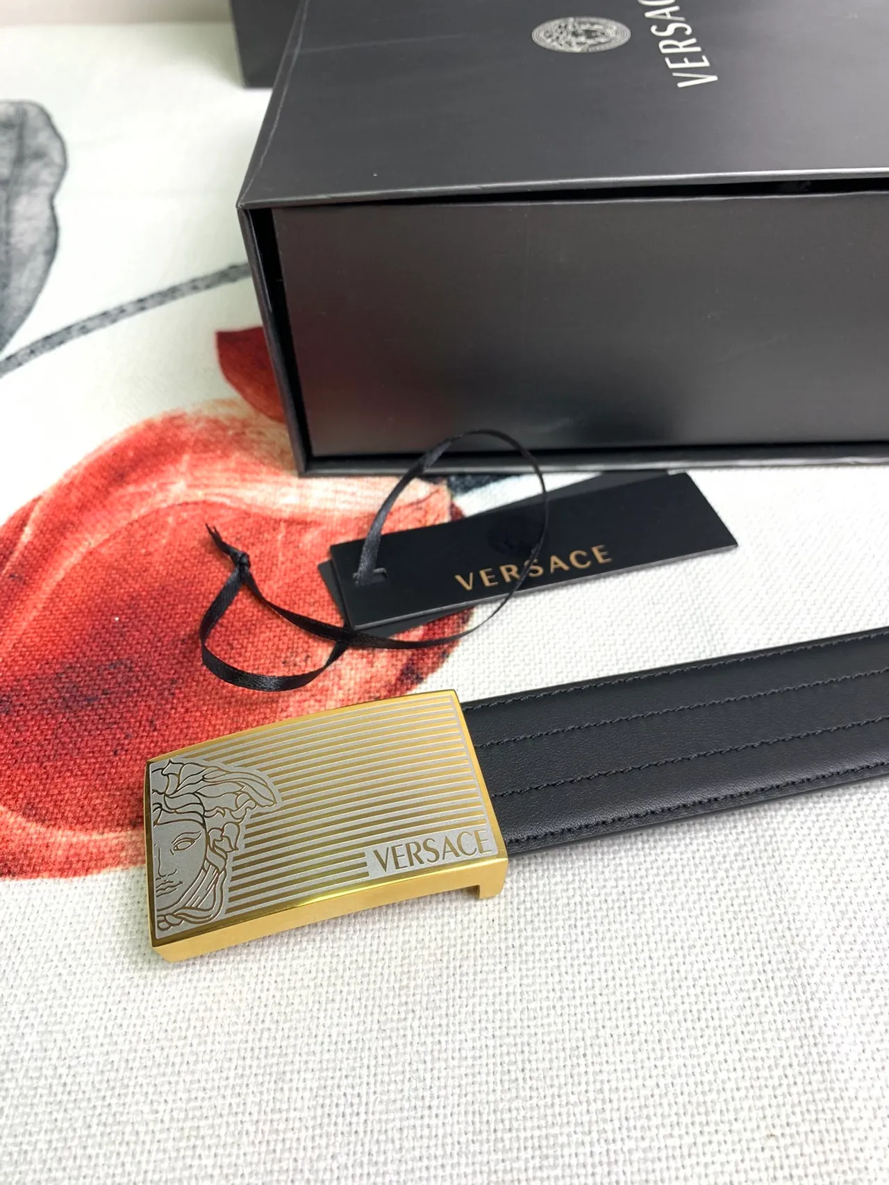 Versace Odissea Black Gold Smooth Rectangular Buckle Leather Belt 4