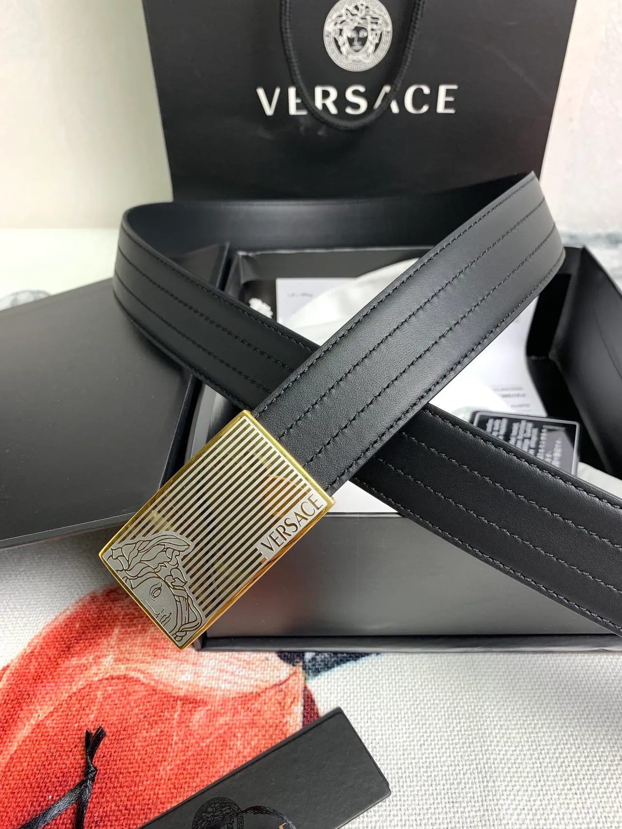 Versace Odissea Black Gold Smooth Rectangular Buckle Leather Belt 9