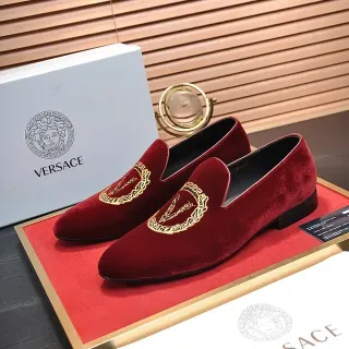 Versace Odissea 丝绒 红色金色 刺绣 乐福鞋