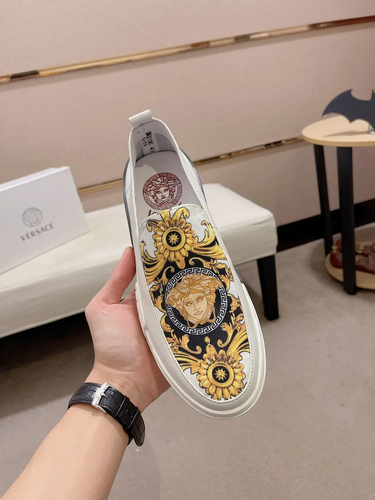 Versace White Gold Slip-On Construction Baroque Print Lifestyle Sneakers 9
