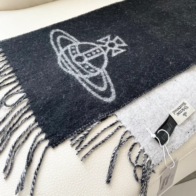 Vivienne Westwood Orb Bufanda Negro Blanco Bordado Logo Bordes Franjados Cachemira Bufanda 3