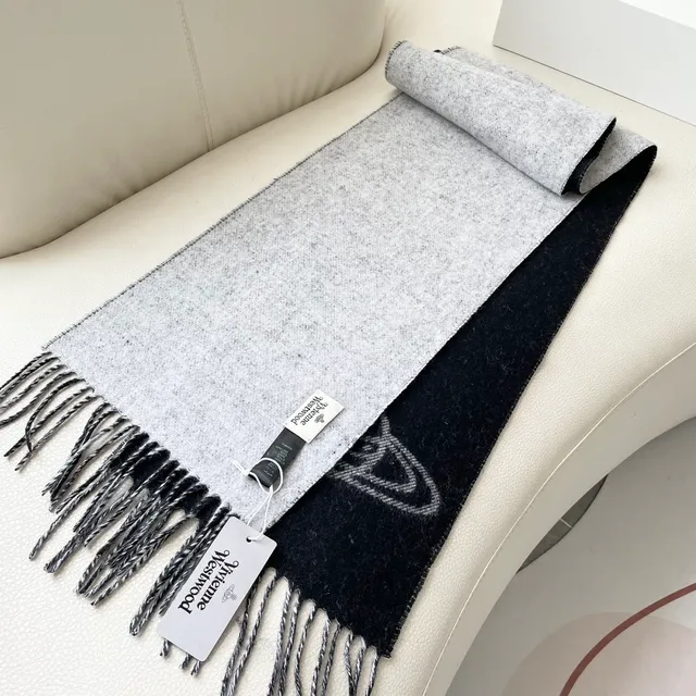 Vivienne Westwood Orb Bufanda Negro Blanco Bordado Logo Bordes Franjados Cachemira Bufanda 4