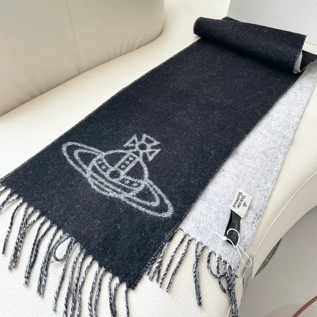 Vivienne Westwood Orb Bufanda Negro Blanco Bordado Logo Bordes Franjados Cachemira Bufanda 5
