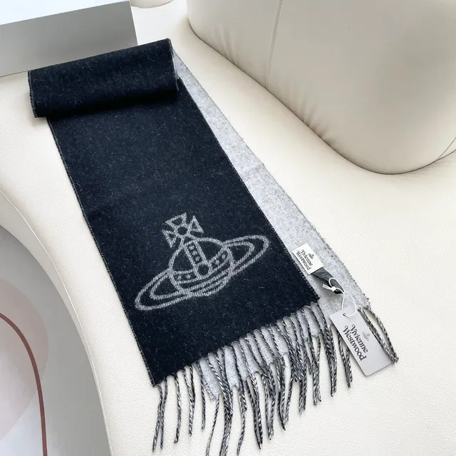 Vivienne Westwood Orb Bufanda Negro Blanco Bordado Logo Bordes Franjados Cachemira Bufanda 6