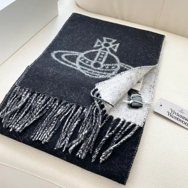 Vivienne Westwood Orb Bufanda Negro Blanco Bordado Logo Bordes Franjados Cachemira Bufanda 7