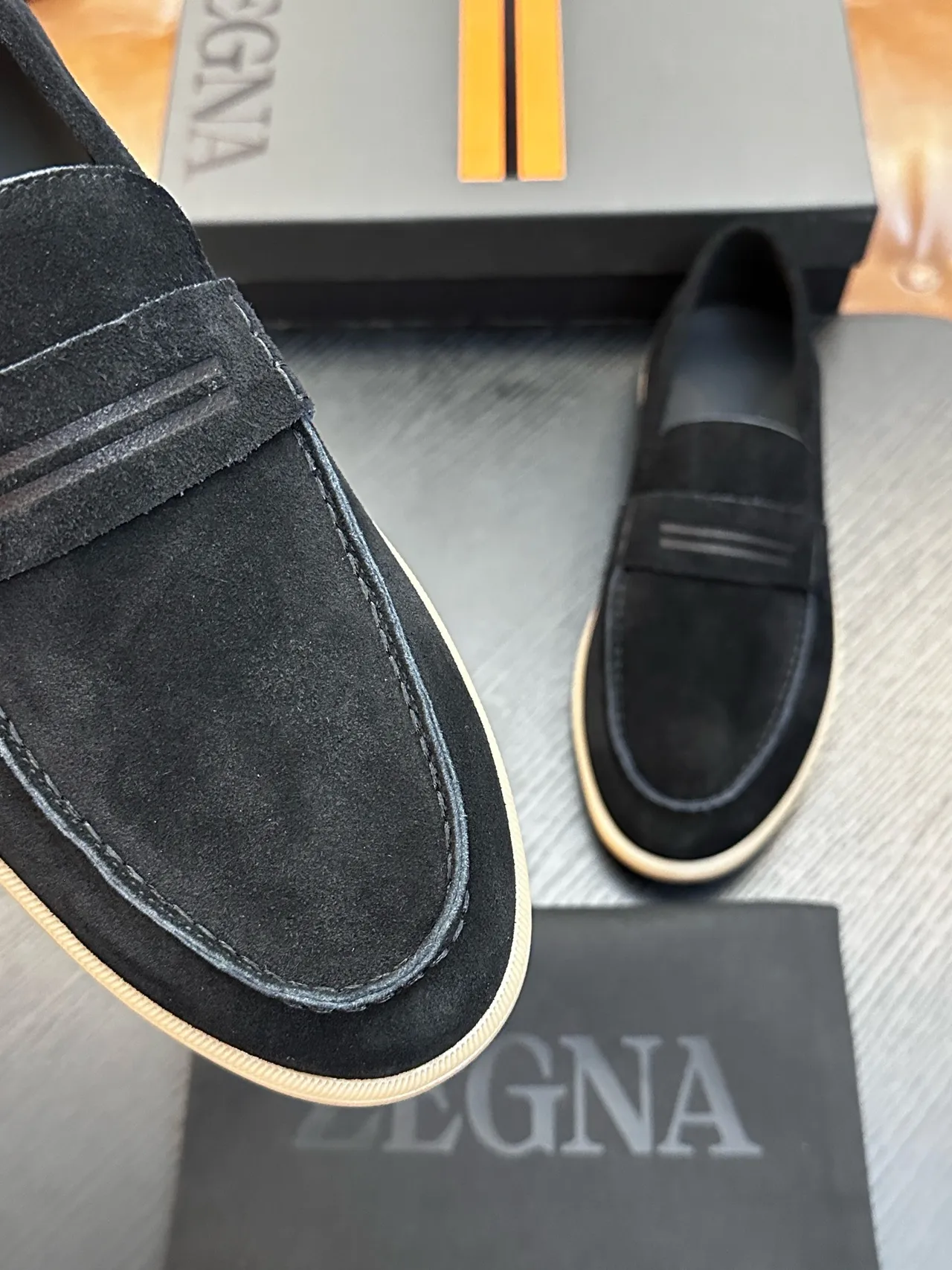 Zegna Black Beige Suede Upper Penny Strap Loafer 4