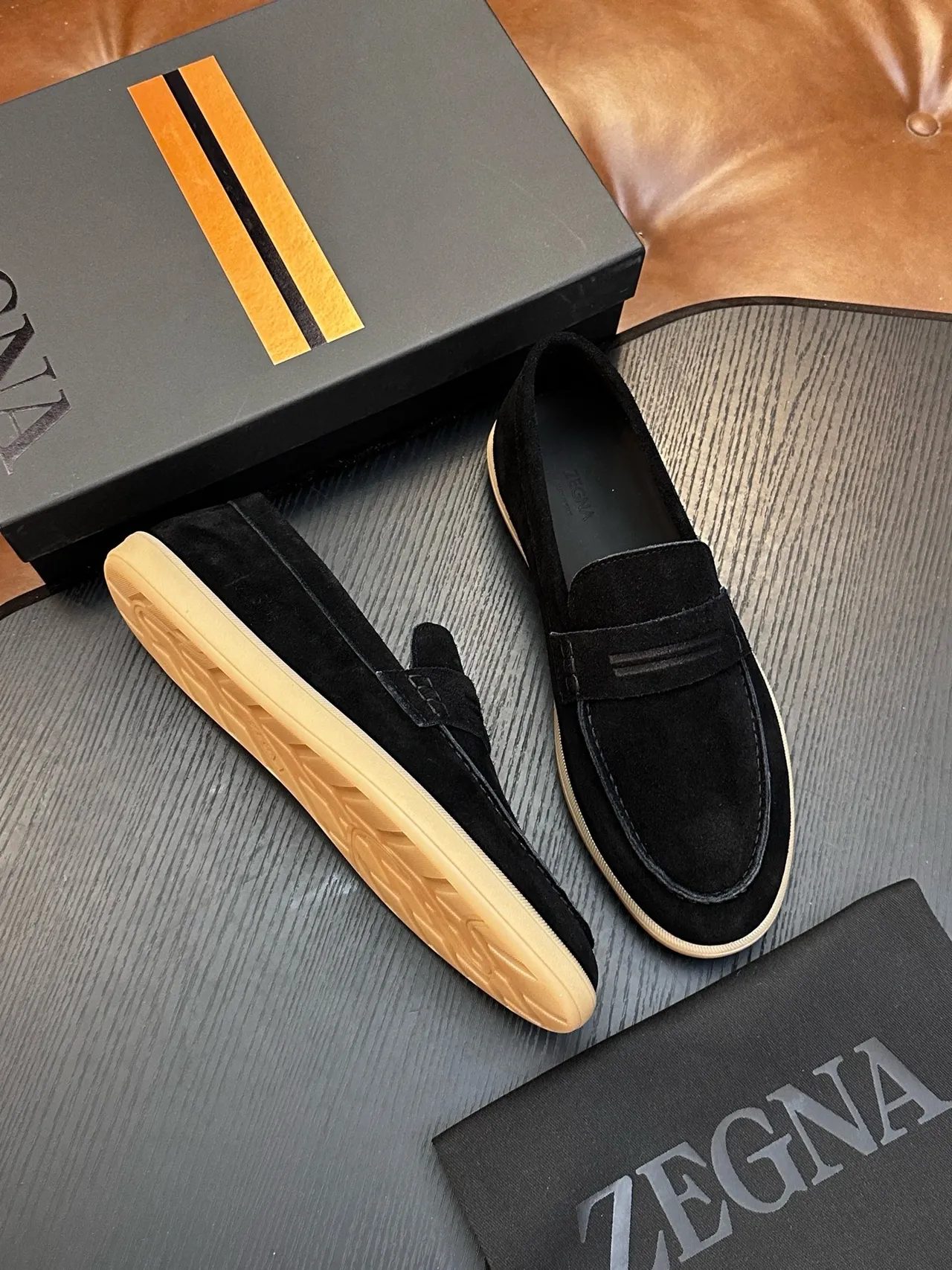 Zegna Black Beige Suede Upper Penny Strap Loafer 5