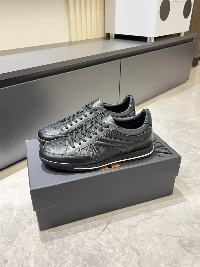 Zegna 黑色皮革休闲运动鞋 4