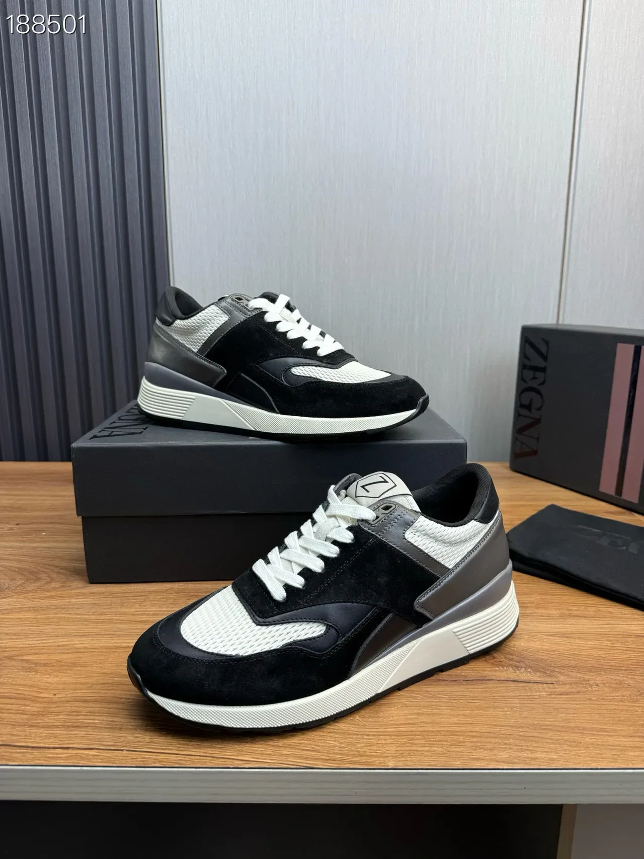 Zegna Black White Mixed-Material Upper Color Blocking Lifestyle Sneakers 7