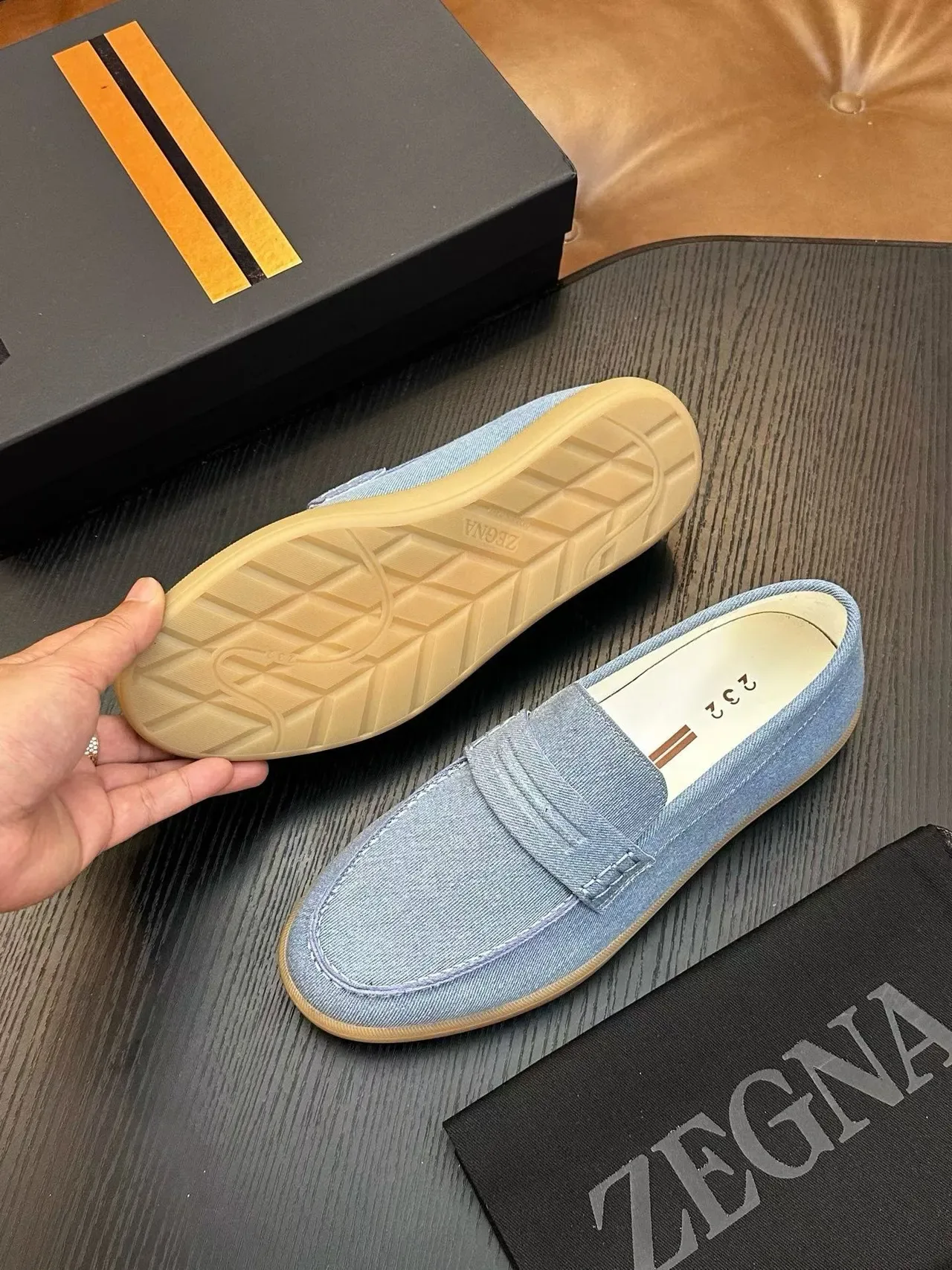 Zegna नीला भूरा डेनिम पेनी स्ट्रैप लोफर 2