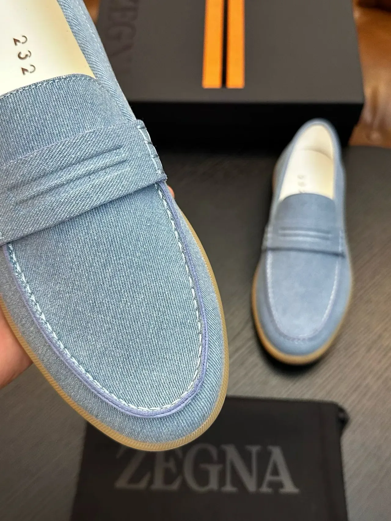 Zegna नीला भूरा डेनिम पेनी स्ट्रैप लोफर 4
