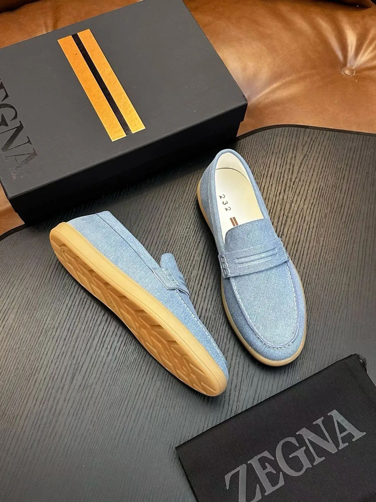 Zegna नीला भूरा डेनिम पेनी स्ट्रैप लोफर 5