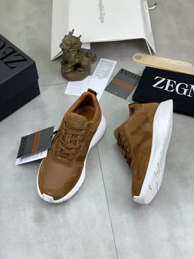 Zegna 棕米色 混合麂皮与颗粒皮革鞋面 同色缝线 生活方式运动鞋 5
