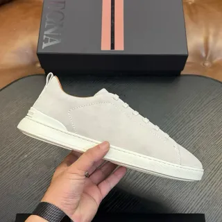 Zegna Gray Beige Suede Upper Minimalist Lace-Up Sneakers