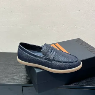 Zegna Navy Beige Pebbled Leather Penny Strap Loafer