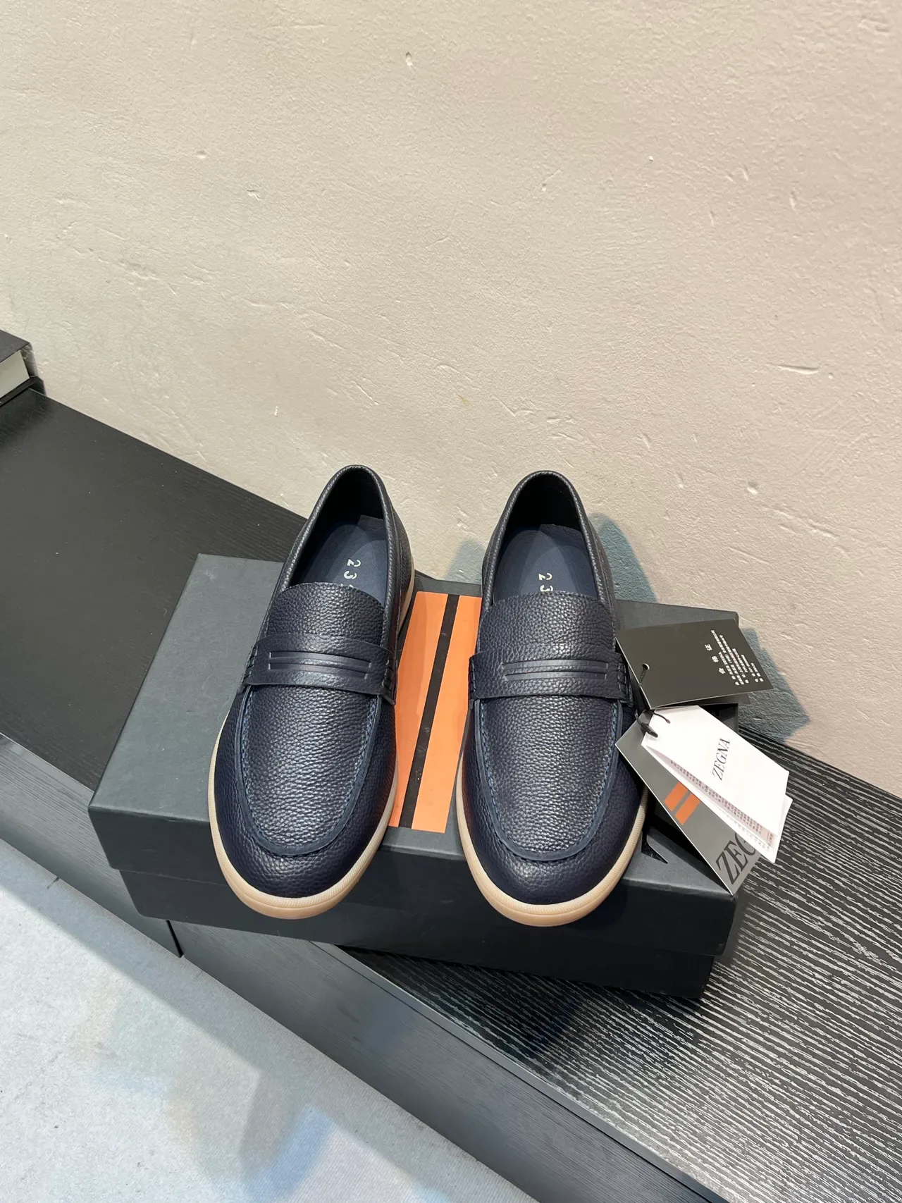 Zegna Navy Beige Pebbled Leather Penny Strap Loafer 2