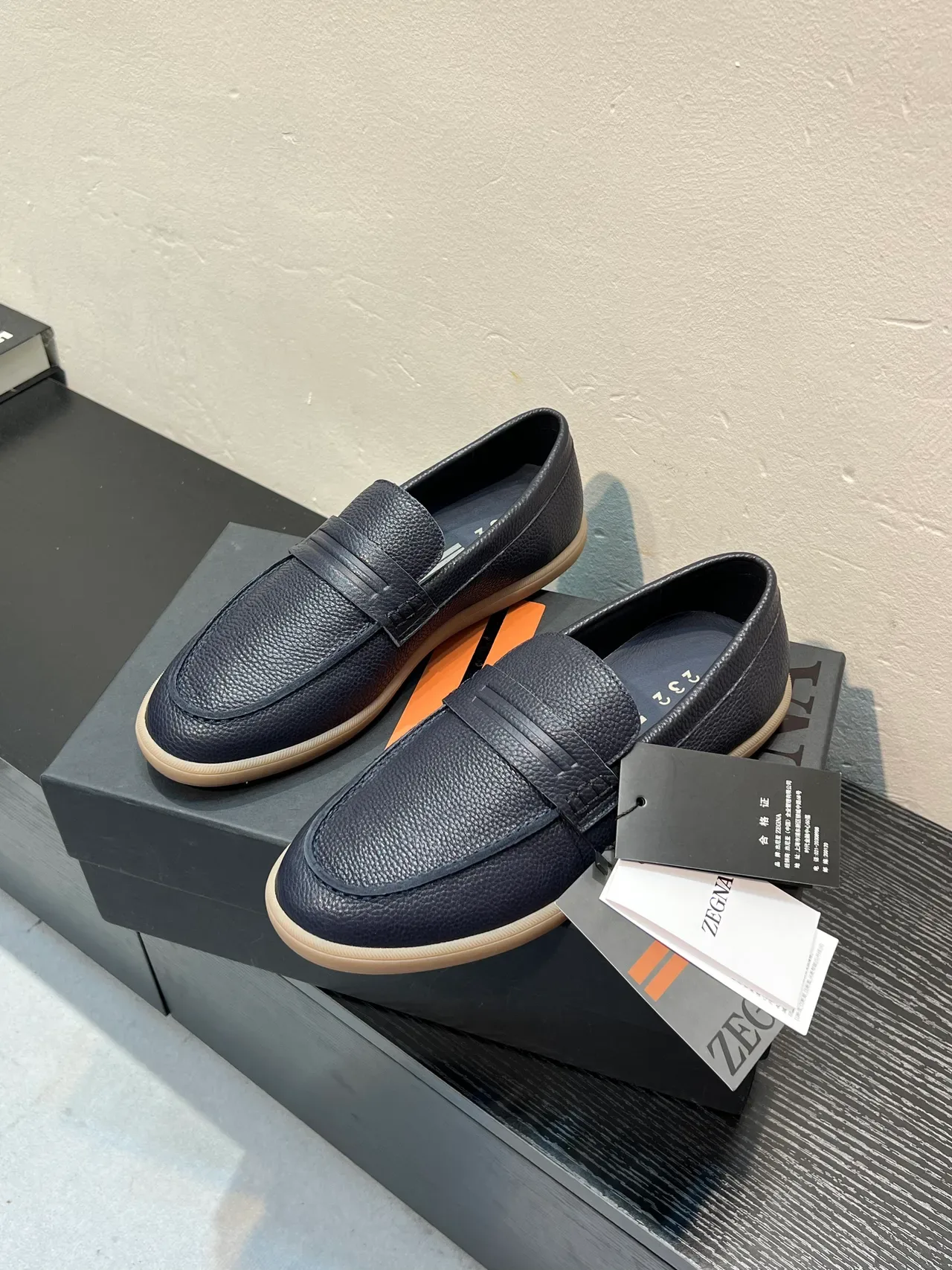 Zegna Navy Beige Pebbled Leather Penny Strap Loafer 3