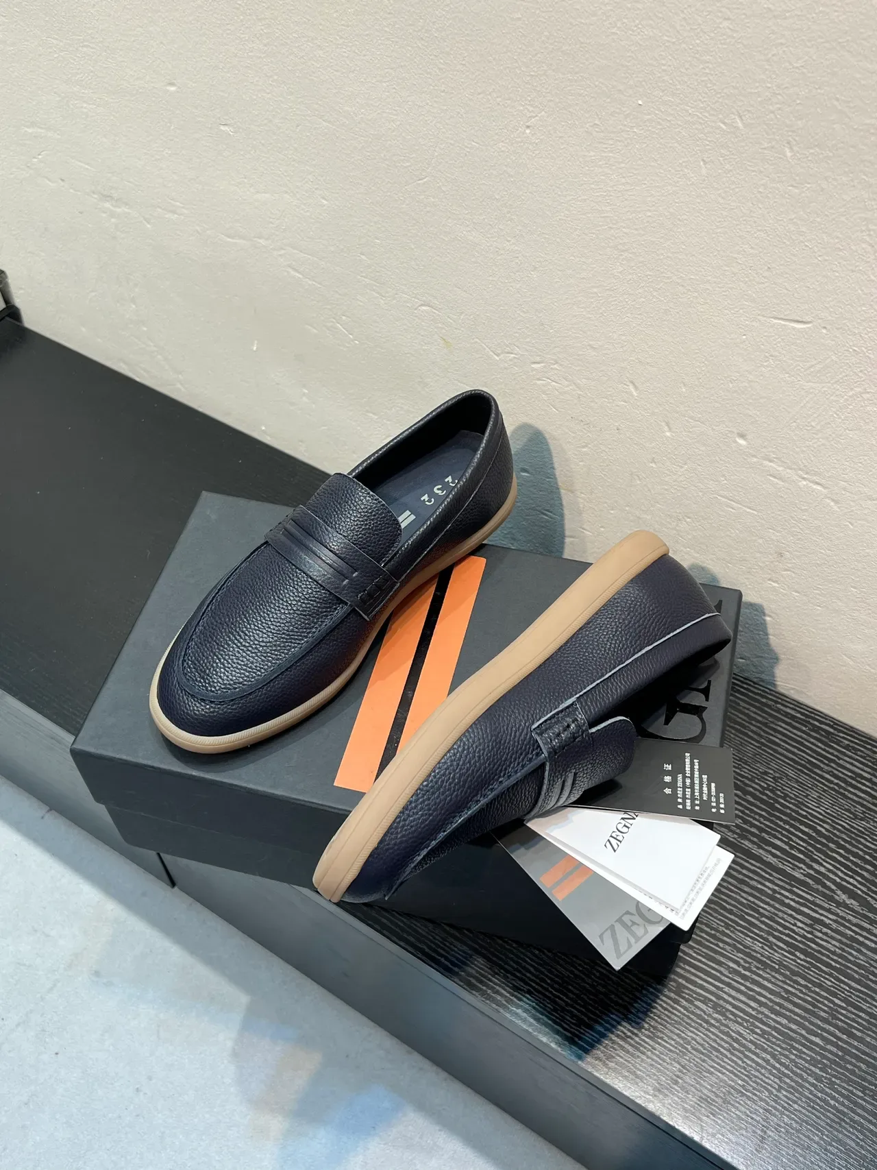 Zegna Navy Beige Pebbled Leather Penny Strap Loafer 4