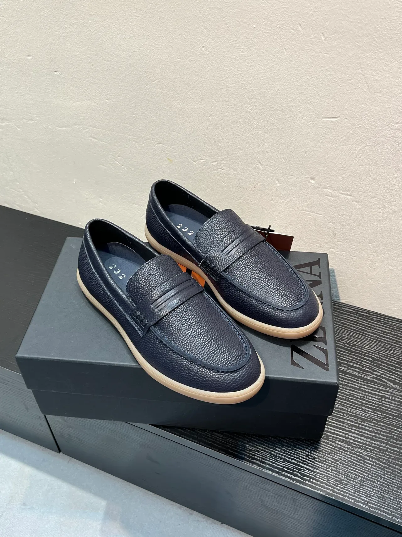 Zegna Navy Beige Pebbled Leather Penny Strap Loafer 5
