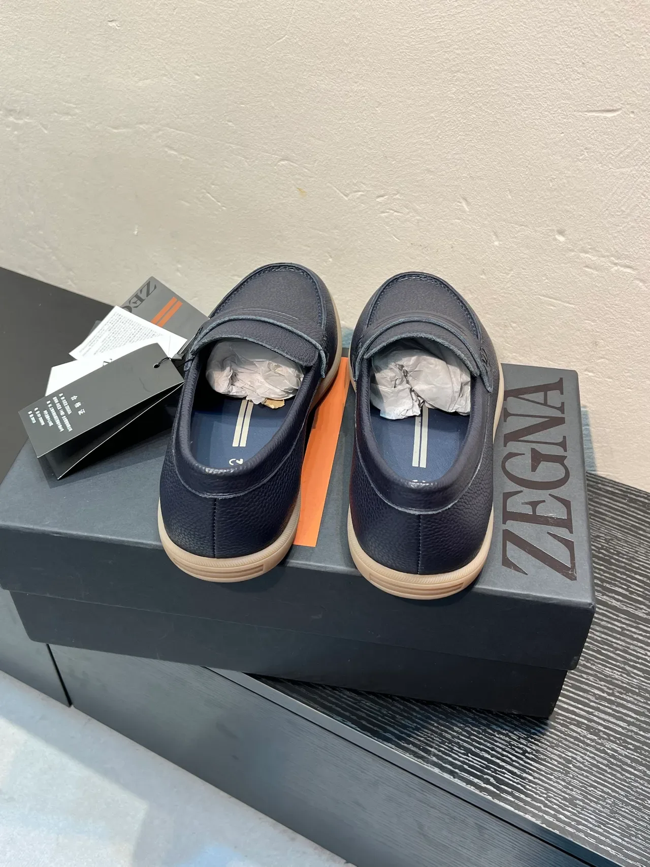 Zegna Navy Beige Pebbled Leather Penny Strap Loafer 6